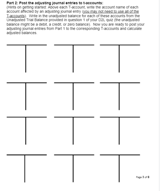 Part 2: Post the adjusting journal entries to t-accounts: (Hints on getting started: Above each T-account, write the account