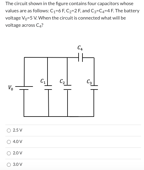 The circuit shown in the figure contains four capacitors whose values are as follows: C1=6 F, C2=2 F, and C3=C4=4 F. The batt
