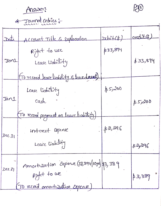 Answer: * Journal Entries: Date Account Title & Explanation. Debit (6) credited) Right to use $33,814 Jan $33,894 Lcasc liabi