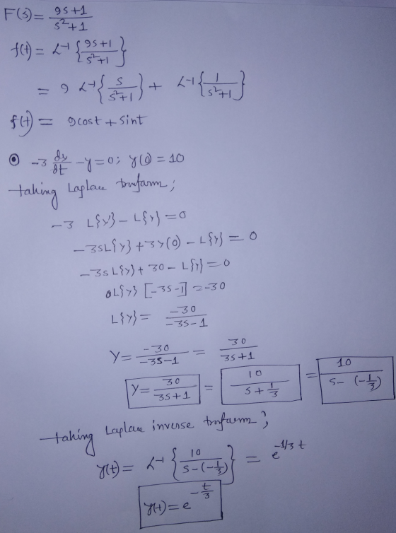 F (5)= 95+1 f(t) = 2 5²+1 gsti 25t 9 h x+{{1} Kl{4} FU) = g cost & Sint It -y=0; y 6 = 10 taking Laplace trufarm; -3 L{x} – L