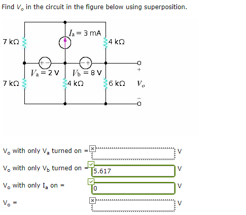 Find V. in the circuit in the figure below using superposition. =3 mA 7 kΩ Ο 4 kg 7 kΩ Ta = 2V I h = 8V 4 ΚΩ 6 kΩ Ι ο Vo with