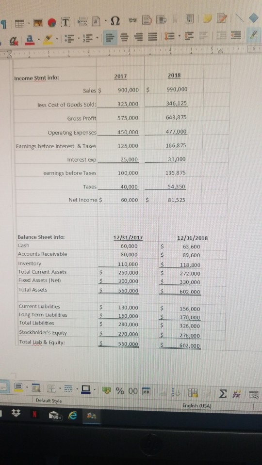 1 TE22 DE DE &a...EEEEEEEEE Income Stmt info: 2018 2017 Sales $ 900,000 $ 990,000 less Cost of Goods Sold: 325,000 346,125 Gr