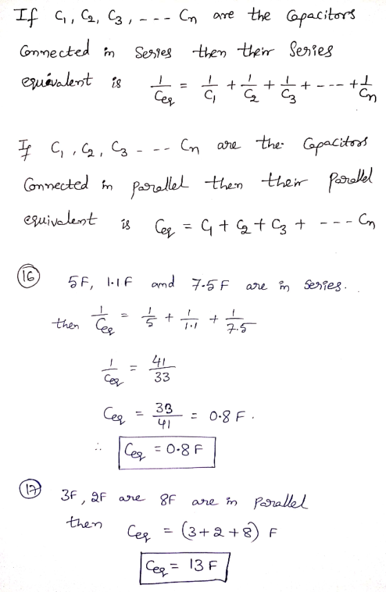 If G, Co, C3, ... In are the capacitors connected in series then their series equévalent is t = 6 + 6 + 6 + than f C, , C2, C