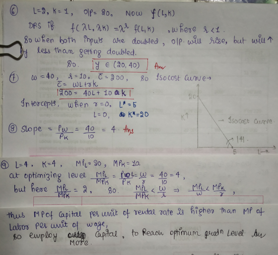 less than getsing doubled ③ Slope- ニ40 = 4.fr s PK 141 Mf1つ20 s at optimiging level ML-fot=-= 40-4 @l-4. K-4, MPK-Yo. thus MPo Capital pe uit of rextal ate ighen than MP of apta, to Reach oph mum puodn Level Mode
