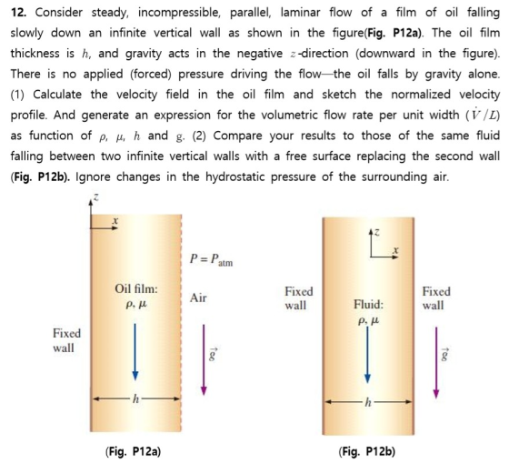 12. Consider steady, incompressible, parallel, laminar flow of a film of oil falling slowly down an infinite vertical wall as
