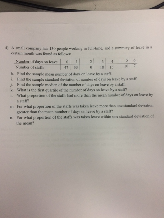4) A small company has 130 people working in full-time, and a summary of leave in a certain month was found as follows: 5 6 Number of days on leave Number of staffs 0 1--21-3 -4-1-sta 47 330 18 15 10 h. Find the sample mean number of days on leave by a staff. i. Find the sample standard deviation of number of days on leave by a staff. j. Find the sample median of the number of days on leave by a staff k. What is the first quartile of the number of days on leave by a staff? 1. What proportion of the staffs had more than the mean number of days on leave by a staff? m. For what proportion of the staffs was taken leave more than one standard deviation greater than the mean number of days on leave by a staff? For what proportion of the staffs was taken leave within one standard deviation of the mean? n.