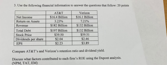3. Use the following financial information to answer the questions that follow: 20 points AT&T Verizon $16.1 Billion Net Inco