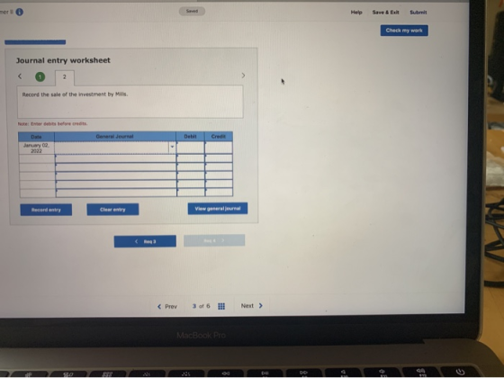 mer Help Save & Exit Submit Check my work Journal entry worksheet Record the sale of the investment by Mils. Note: Enter debi