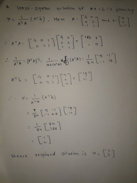 А least-square solution of ax=b is given by A- 2 (Atb). Here 2 and b = [] ATA 167 : ATA= [ ac 21 (ATA)%= 17 84 L- ATA det (AT