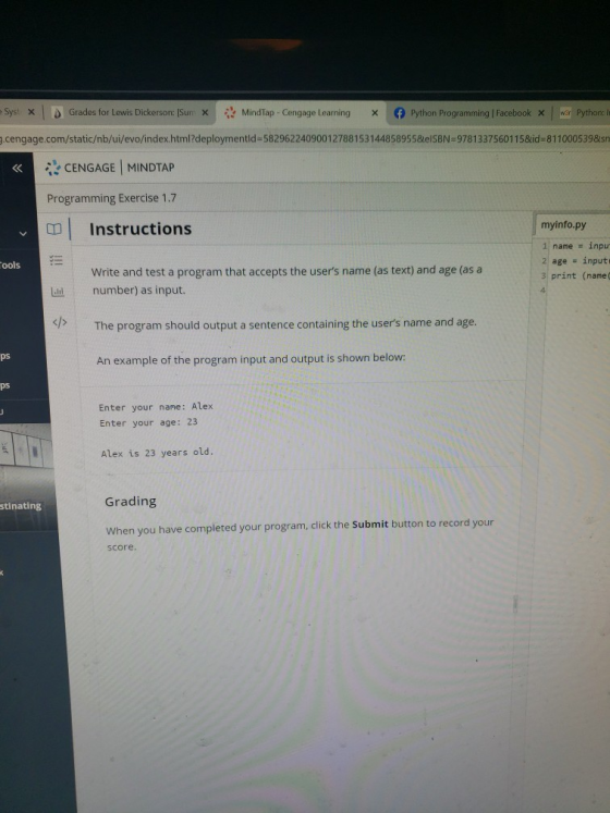 = Syst x Grades for Lewis Dickerson: [Sum X MindTap - Cengage Learning X Python Programming | Facebook X war Python: cengage.