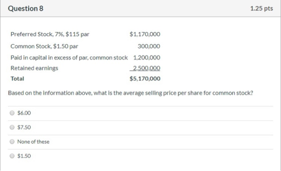 Question 8 1.25 pts Preferred Stock, 7%, $115 par $1,170,000 Common Stock, $1.50 par 300,000 Paid in capital in excess of par