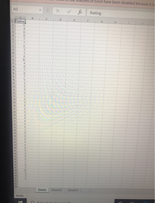Teatures of Excel have been disabled because ith X fx Rating non con Data Sheet2 Sheet3 Ready