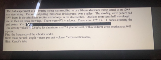 The Lab experiment of brating string was modified to be a 90-cm aluminum string joined to an 129.9 cm steel string. The ver s