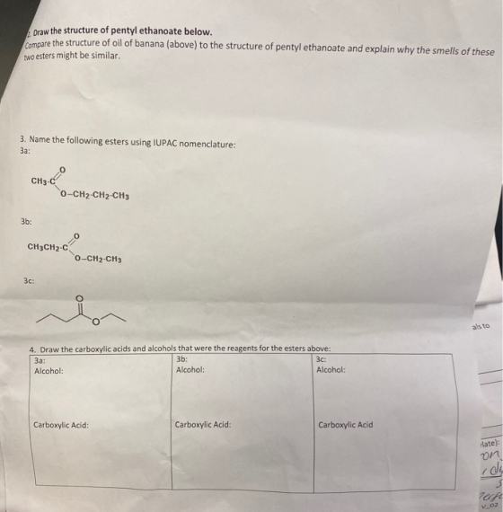 Draw the structure of pentyl ethanoate below. compare the structure of oil of banana (above) to the structure of pentyl ethan