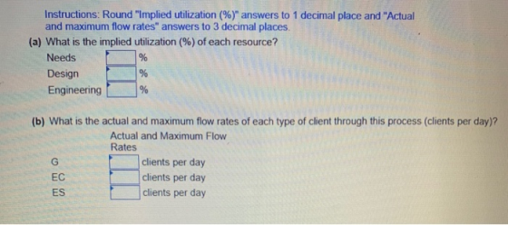 Instructions: Round Implied utilization (%) answers to 1 decimal place and Actual and maximum flow rates answers to 3 dec