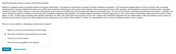 Read the following scenario to answer the following question. Malaria is a disease caused by parasitic protists in the genus