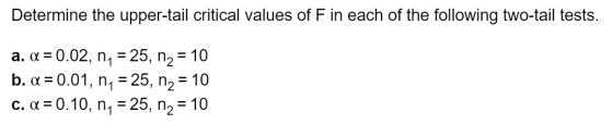Determine the upper-tail critical values of F in each of the following two-tail tests. a. a = 0.02, n1 = 25, n2 = 10 b. a = 0