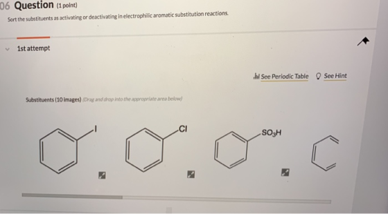 06 Question (1 point) Sort the substituents as activating or deactivating in electrophilic aromatic substitution reactions 1st attempt d See Periodic Table See Hint Substituents (10 images) (Drag and drop into the appropriate area below Cl SO3H