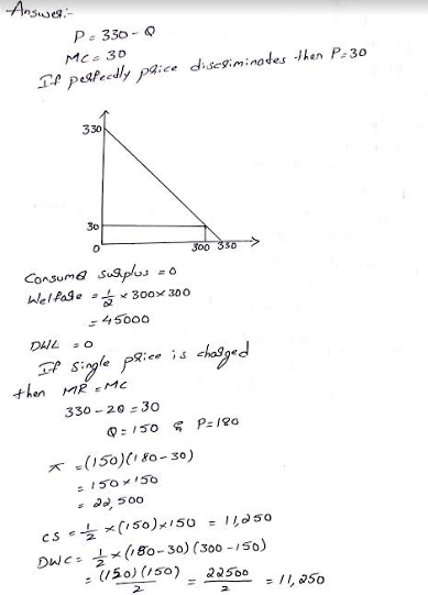 Answeri- P= 330 - Q Mcc 30 If pesfeedly paice disegiminades then P-30 330 30 300 330 Consuma susps Welfase . * 300x 30o -4500