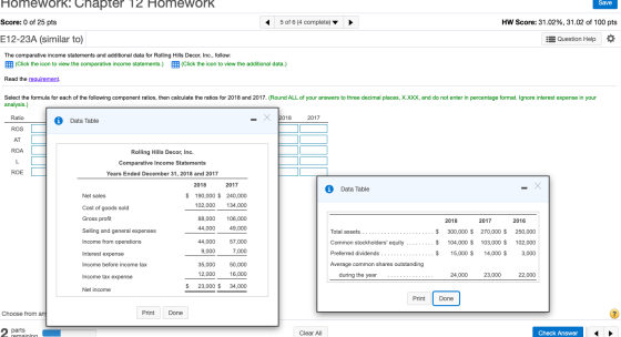 HomeWork! Chapter 12 Homework Save Score: 0 of 25 pts 5 of 6 (4 complete) HW Score: 31.02%, 31.02 of 100 pts E12-23A (similar