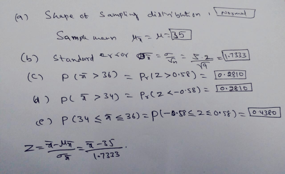 Nogy 11.7332 (a) Shape of sampling distribution if normal Sample mern Me - M2135 (b) Standard error = 5.2 =(1-7333] ( pis >36