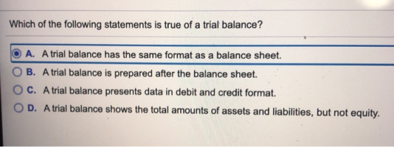 Which of the following statements is true of a trial balance? O A. A trial balance has the same format as a balance sheet. OB