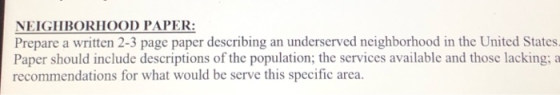 NEIGHBORHOOD PAPER: Prepare a written 2-3 page paper describing an underserved neighborhood in the United States Paper should
