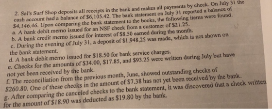 2. Sals Surf Shop deposits all receipts in the bank and makes all payments by check. On July 3 cash account had a balance of