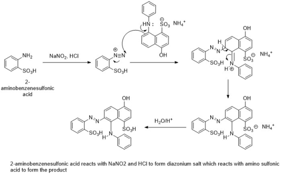 HN: So, NH, NH2 NaNO2, HCI NEN ILONHA SO, SOZHW SO3H SO3H HS 2- aminobenzenesulfonic acid NN H2O/H SOH so, NH4+ SOHN 1.N 2-a
