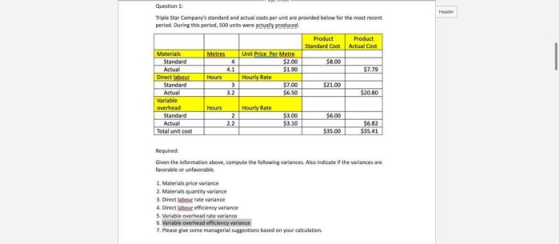 Header Question 1 Triple Star Companys standard and actual costs per unit are provided below for the most recent period. Dur