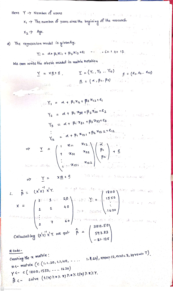 Here yy Number of users Xı => The number of years since the begining of the research X27 Age. a) The regression model is give