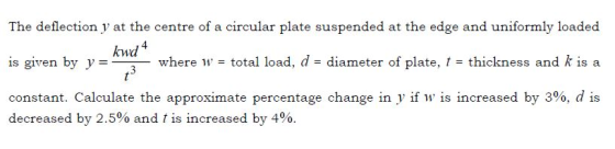 The deflection y at the centre of a circular plate suspended at the edge and uniformly loaded kwd 4 is given by y = where w =