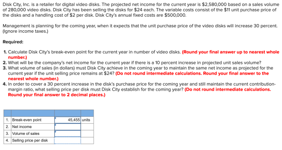 Disk City, Inc. is a retailer for digital video disks. The projected net income for the current year is $2,580,000 based on a