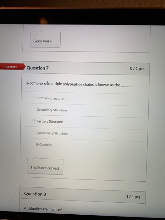 Good work Incorrect Question 7 0/1 pts A complex of multiple polypeptide chains is known as the Primary Structure Secondary S