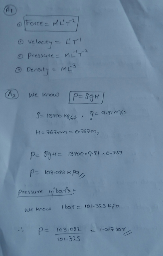 3 O Densit-ML A2 ) we knouS 13200 k9s 13700 *9.81 0-767 Pressure n ba we knors tbar 101.325 Pa 101.325