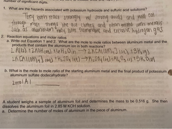number of significant digits. 1. What are the hazards associated with potassium hydroxide and sulfuric acid solutions? They b