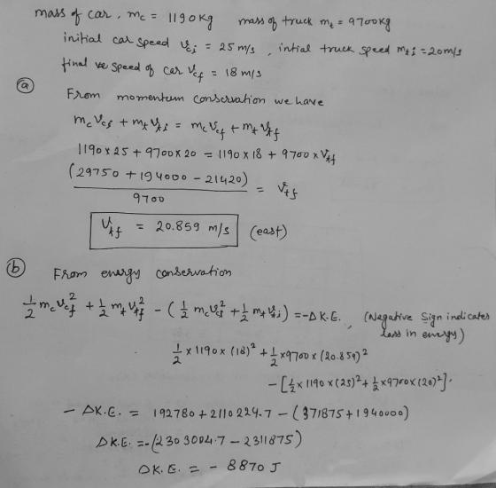 mass of car, mc = 1190kg mass of truck me = 97ookg initial car speed Ui = 25 m/s intial truck speed me i=20m/s final te speed