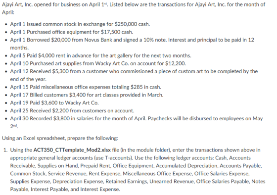 Ajayi Art, Inc. opened for business on April 1st. Listed below are the transactions for Ajayi Art, Inc. for the month of April April 1 Issued common stock in exchange for $250,000 cash April 1 Purchased office equipment for $17,500 cash. . April 1 Borrowed $20,000 from Novus Bank and signed a 10% note. Interest and principal to be paid in 12 months. April 5 Paid $4,000 rent in advance for the art gallery for the next two months. April 10 Purchased art supplies from Wacky Art Co.on account for $12,200. April 12 Received $5,300 from a customer who commissioned a piece of custom art to be completed by the end of the year. April 15 Paid miscellaneous office expenses totaling $285 in cash. April 17 Billed customers $3,400 for art classes provided in March April 19 Paid $3,600 to Wacky Art Co April 25 Received $2,200 from customers on account. April 30 Recorded $3,800 in salaries for the month of April. Paychecks will be disbursed to employees on May 2nd Using an Excel spreadsheet, prepare the following: 1. Using the ACT350_CTTemplate_Mod2.xlsx file (in the module folder), enter the transactions shown above in appropriate general ledger accounts (use T-accounts). Use the following ledger accounts: Cash, Accounts Receivable, Supplies on Hand, Prepaid Rent, Office Equipment, Accumulated Depreciation, Accounts Payable, Common Stock, Service Revenue, Rent Expense, Miscellaneous Office Expense, Office Salaries Expense, Supplies Expense, Depreciation Expense, Retained Earnings, Unearned Revenue, Office Salaries Payable, Notes Payable, Interest Payable, and Interest Expense.