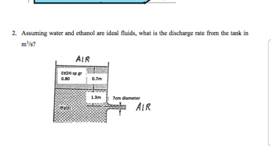 2. Assuming water and ethanol are ideal fluids, what is the discharge rate from the tank in m/s? AIR EtOH sp g 0.80 0.7m 13m7
