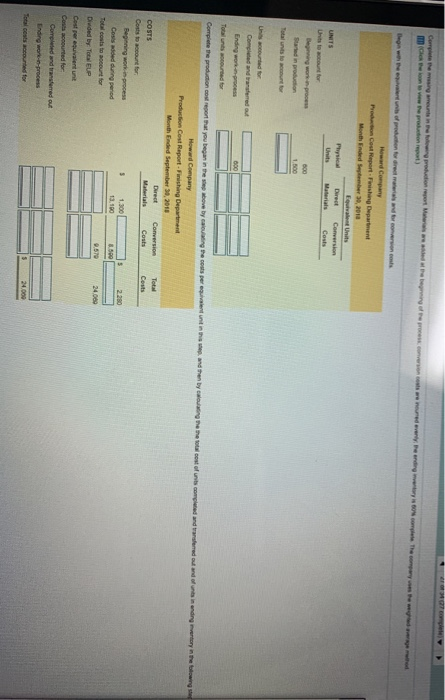 Degree of prodon for red me and for someone Howard Company Podcom Cost Report i ng Department Month Ended September 30, 2018