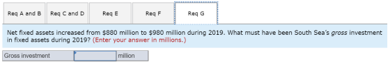 Req A and B Req C and D Req E ReqF Req G Net fixed assets increased from $880 million to $980 million during 2019. What must