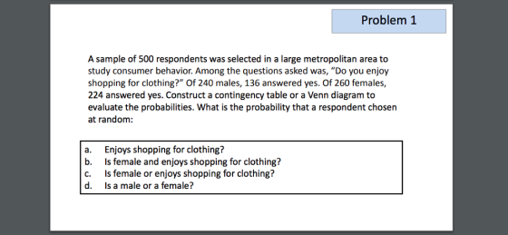 Problem1 A sample of 500 respondents was selected in a large metropolitan area to study consumer behavior. Among the questions asked was, Do you enjoy shopping for clothing? Of 240 males, 136 answered yes. Of 260 females, 224 answered yes. Construct a contingency table or a Venn diagram to evaluate the probabilities. What is the probability that a respondent chosen at random a. Enjoys shopping for clothing? b. Is female and enjoys shopping for clothing? c. Is female or enjoys shopping for clothing? d. Is a male or a female?