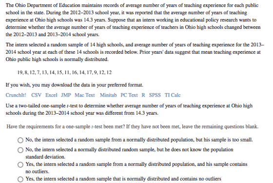 The Ohio Department of Education maintains records of average number of years of teaching experience for each public school i