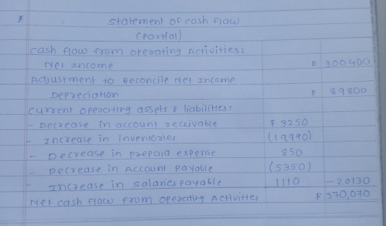 statement of cash flow cpartial cash flow from operating activities: Net Income $ 300 400 Adjustment to Reconcile Net Income