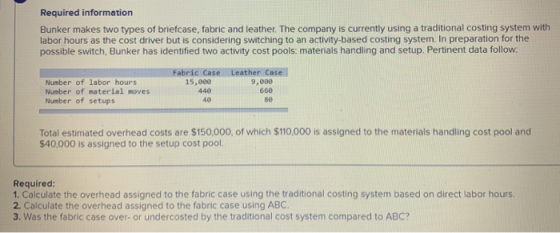 Required information Bunker makes two types of briefcase, fabric and leather. The company is currently using a traditional co