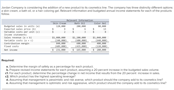 Jordan Company is considering the addition of a new product to its cosmetics line. The company has three distinctly different