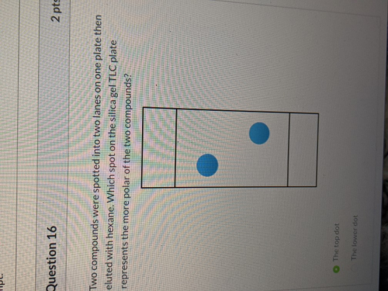 Question 16 2 pts Two compounds were spotted into two lanes on one plate then eluted with hexane. Which spot on the silica ge