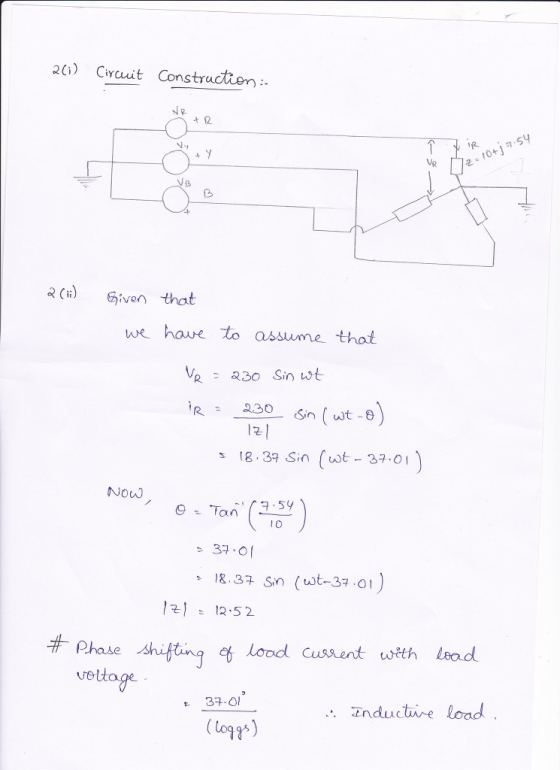 2Crcuit Constructien 10 R iven that we have to assume thot 2 s 8.3a sin (ut-37.0 NO 10 3구 , 01 12.52 Phase lood Cusrent wth Lead etage Enductire load logg
