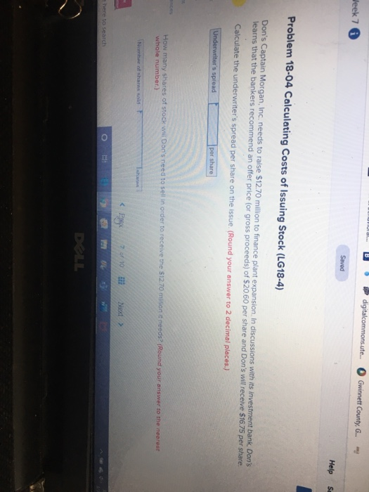 B S digitalcommons.ute... Gwinnett County, G... Week 7 0 - Saved Help Se Problem 18-04 Calculating Costs of Issuing Stock (LG