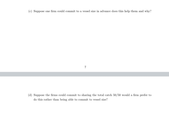 (c) Suppose one firm could commit to a vessel size in advance does this help them and why? (d) Suppose the firms could commit